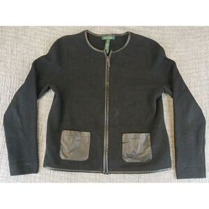 Lauren Ralph Lauren Cardigan Sweater Womens M Black Full Zip Faux Leather Trim
